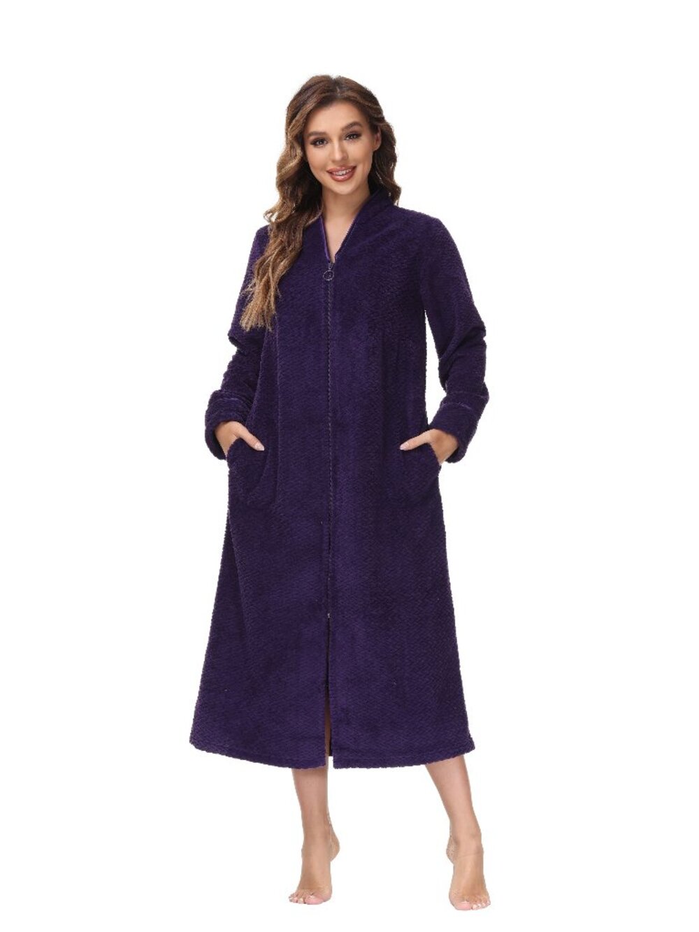 #2464 Ink+Ivy Women's Front Zipper Plush Robe - Rich Concord